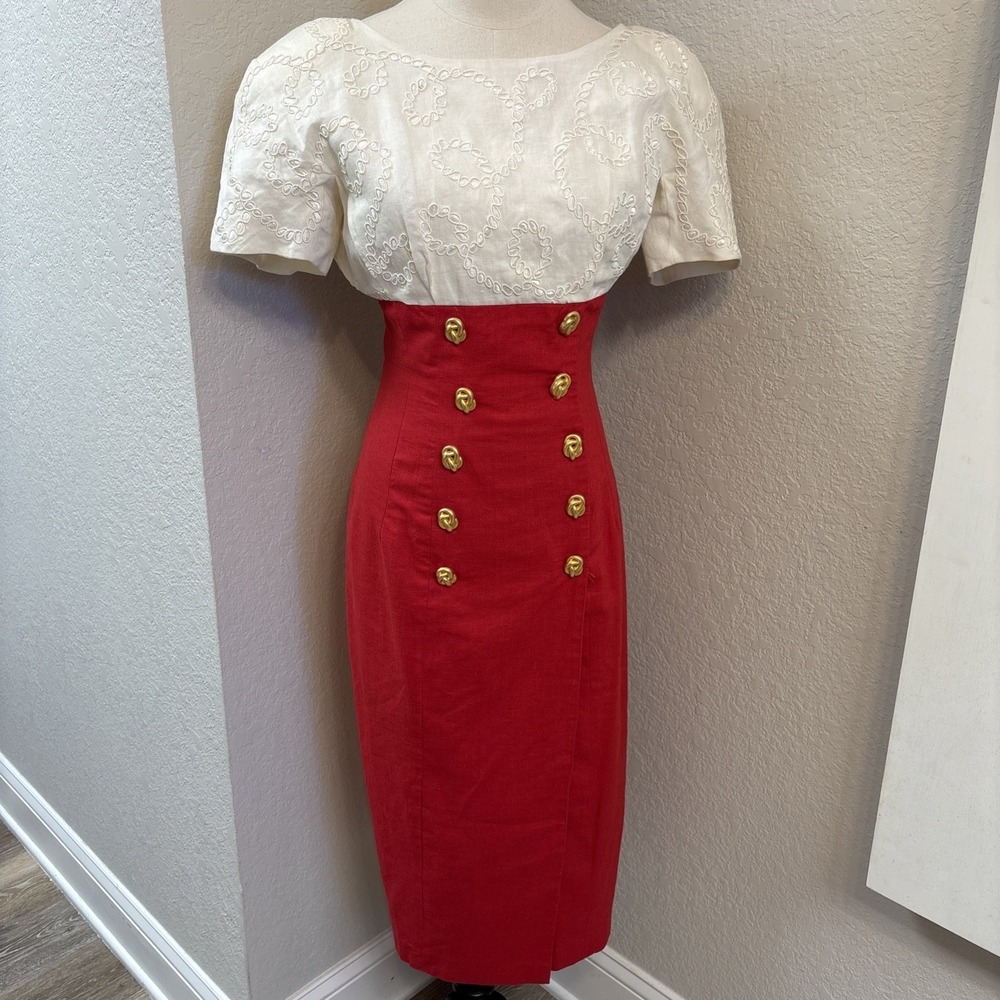 Vintage Marie St. Claire Dress Red Gold Button White Embroidered Sz 4 Nautical
